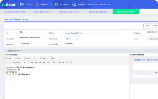 Pantalla de seguimiento de tickets con información operativa.